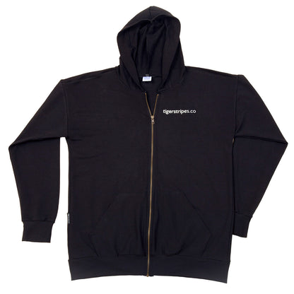 Black Unisex French Organic Tag Fleece Zipped Hoodie - White Logo Series