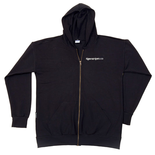Black Unisex French Organic Tag Fleece Zipped Hoodie - White Logo Series